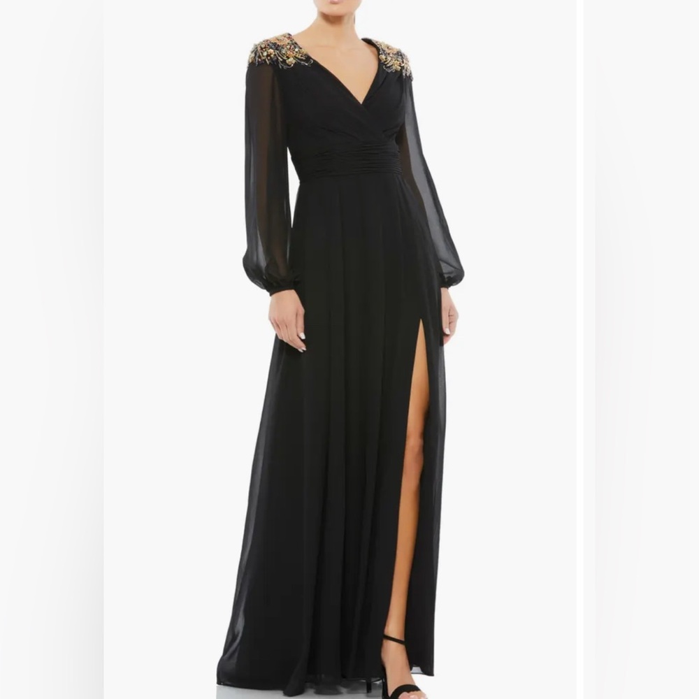 $498 NWT MAC DUGGAL Puff Sleeve Chiffon Gown Ieena Dress Sz 10 ( minor repair )
